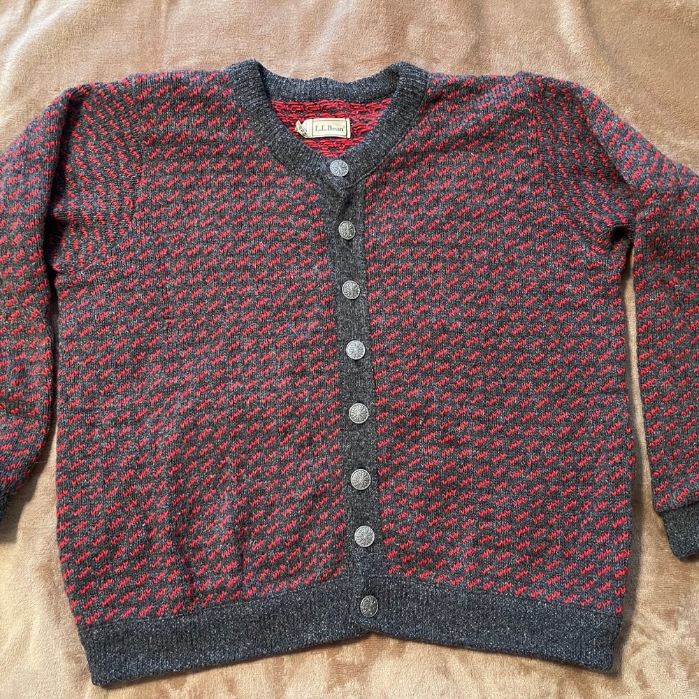 LL Bean Vintage Birds Eye Cardigan Sweater Snowflake Buttons Mens Large Red/Grey